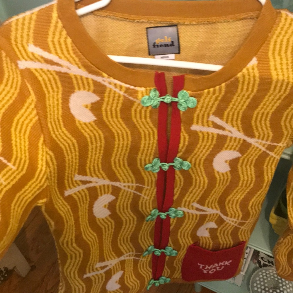 FRIENDS Mustard Yellow Patterned Women's Sweater with Red Trim